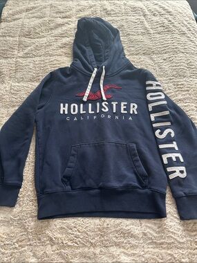 Hollister Navy Pullover Hoodie with Red Seagull Logo
